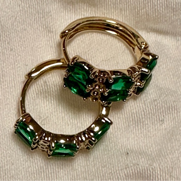 14K Gold Filled Green CZ Oval Huggie Earrings | Emerald Look Hoops - Picture 4 of 9